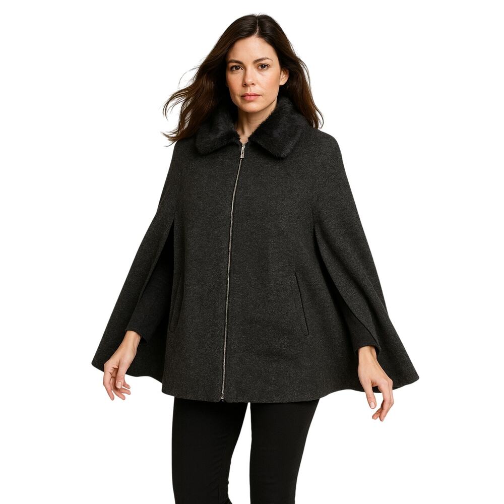 Vintage Charcoal Gray Wool blend Faux Fur Collar Zip Front Cape Jacket Size M